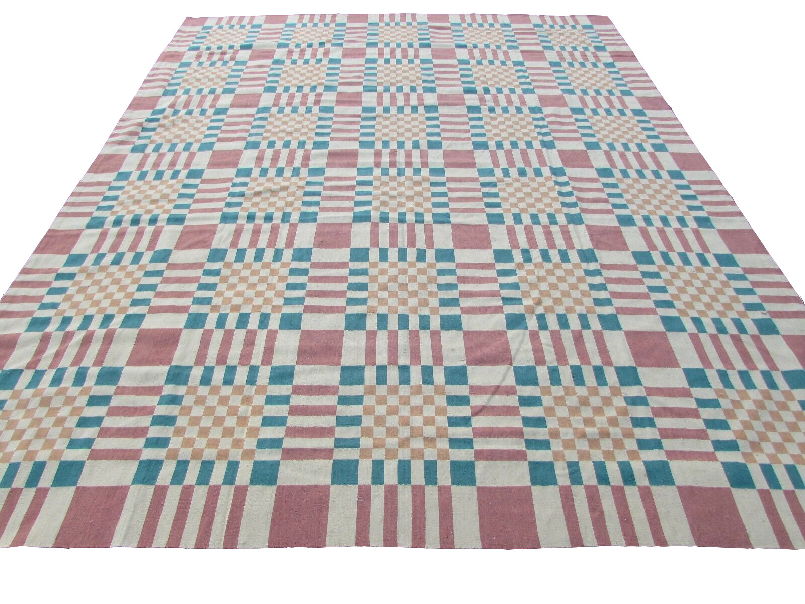 Vintage French Aubusson Rug - Geometric Design with Colorful Squares - Circa 1970s 