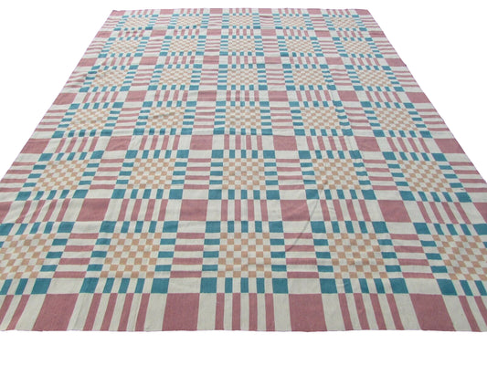 Vintage French Aubusson Rug - Geometric Design with Colorful Squares - Circa 1970s 