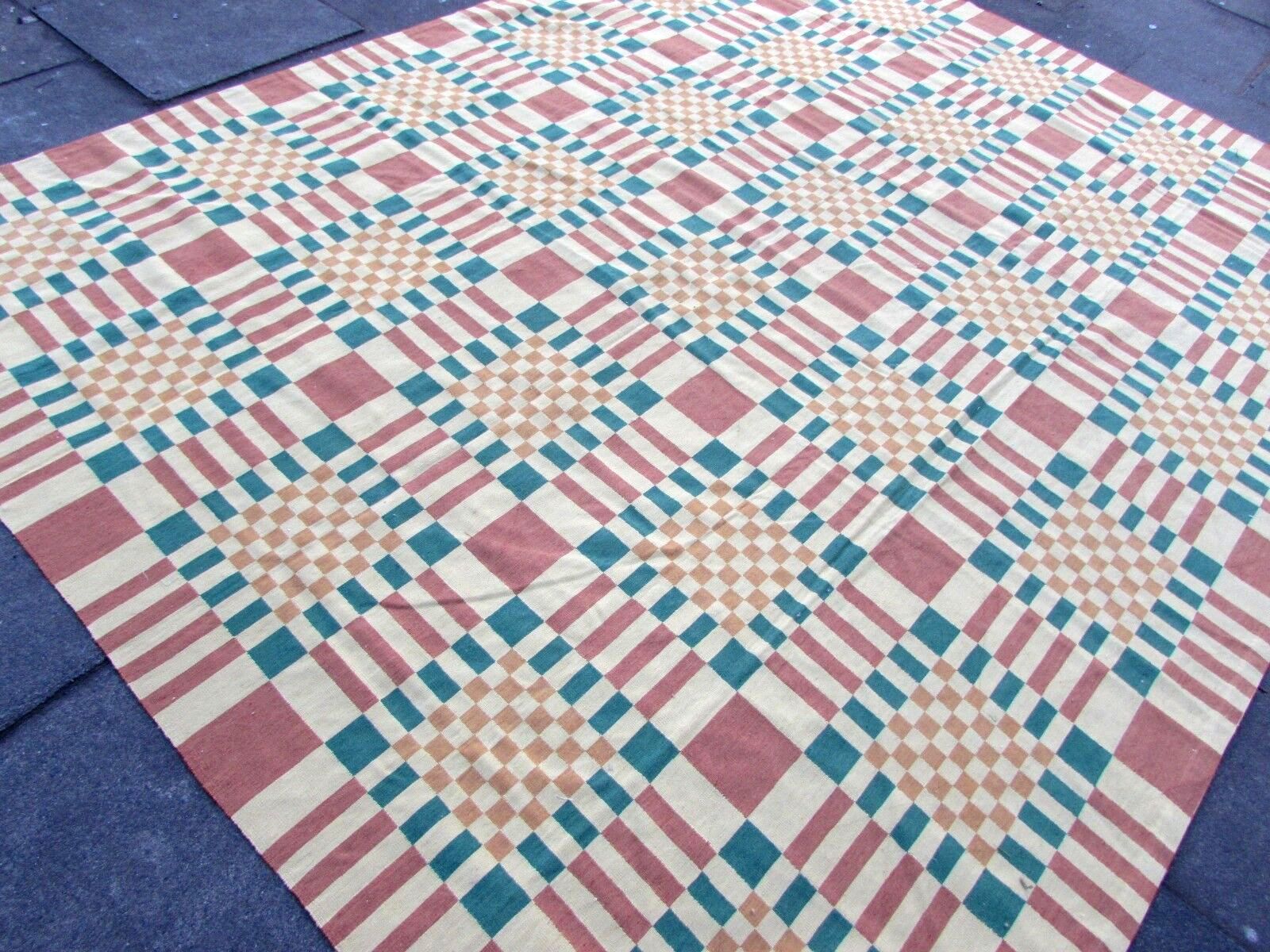 Detailed View of Vintage French Aubusson Rug - Geometric Design with Colorful Squares - Handmade Wool Rug from France - Circa 1970s - Beige, Turquoise, and Rose Colors
