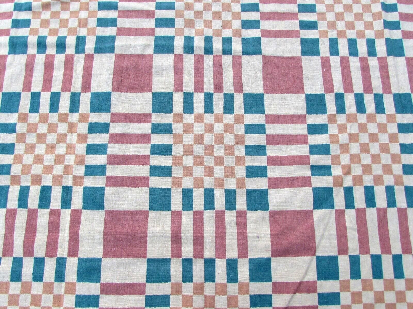 Exquisite Detailing on Vintage French Aubusson Rug - Geometric Design with Colorful Squares - Handmade Wool Rug from France - Circa 1970s - Beige, Turquoise, and Rose Colors