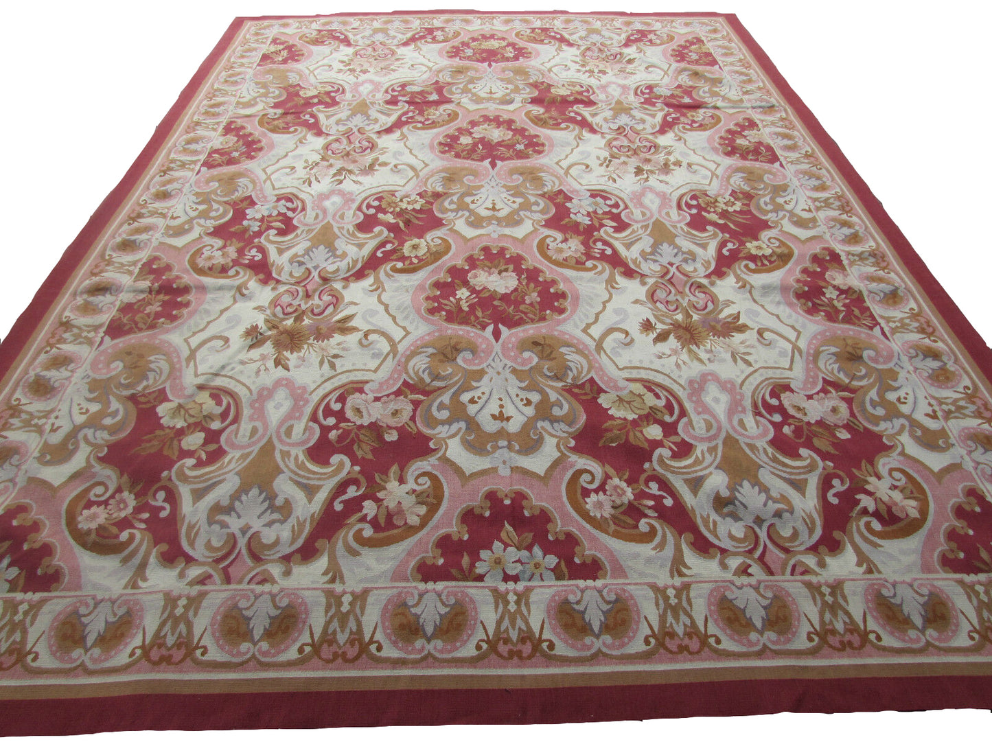  Handmade Vintage French Aubusson Rug in Red, Beige and Olive Brown Colors, 8.9' x 12'