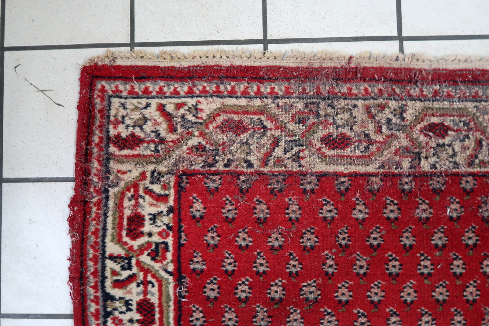 Handmade vintage Indian Seranad rug in traditional design with medallion and red wool.The rug is from the end of 20th century in original condition, it has low pile.